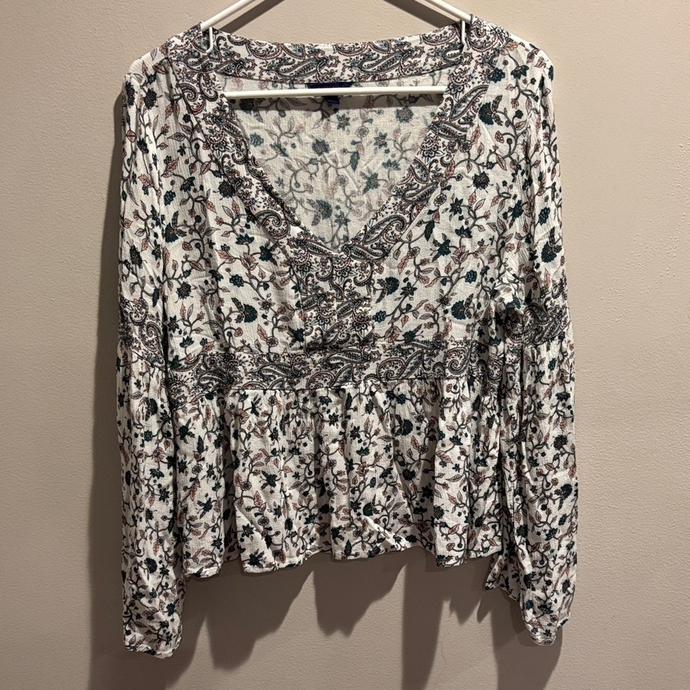 Aeropostale Floral Long Sleeve Blouse - White and Green